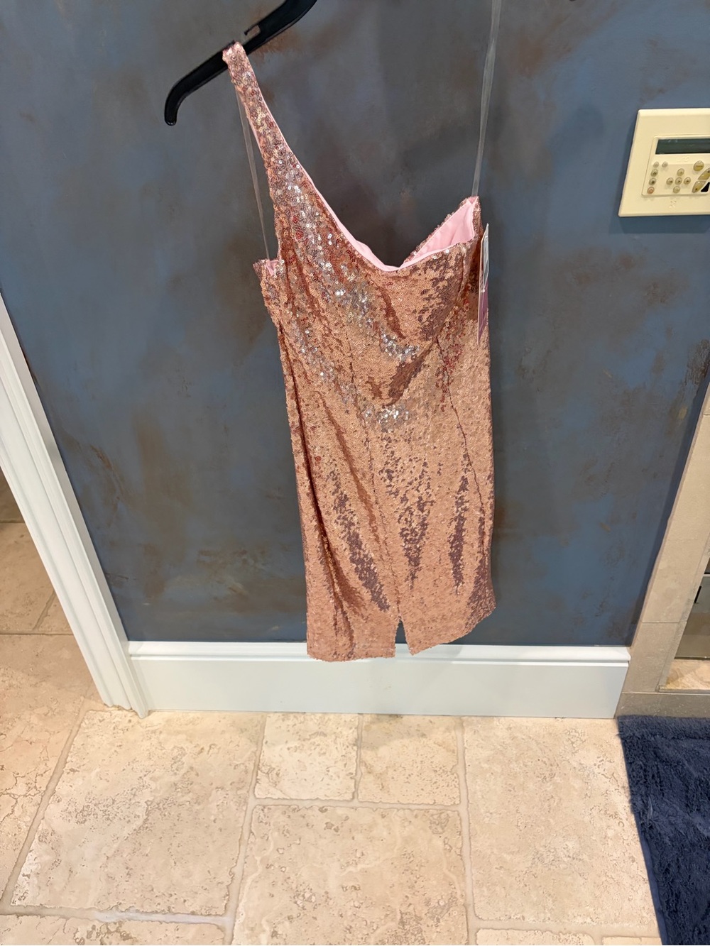 Emerald Sundae Rose Gold Sequin One-Shoulder Mini Dress